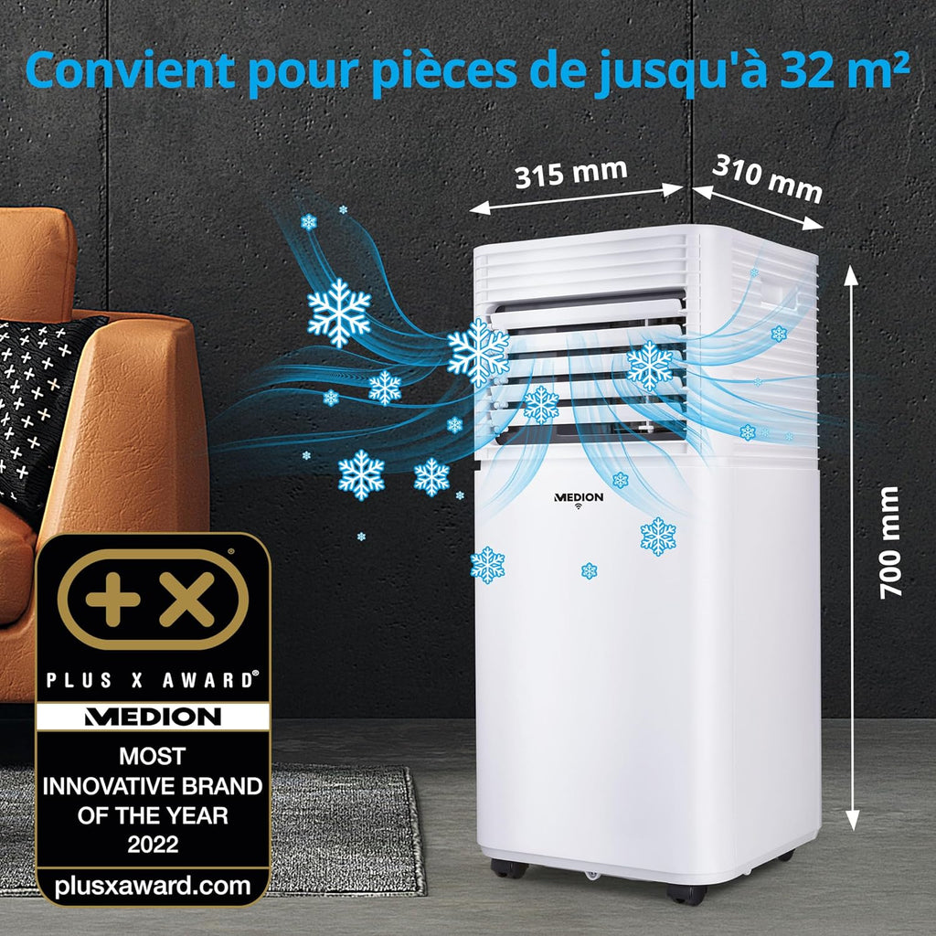 MEDION Smart Climatiseur Mobile P701 (7000 BTU  3-en-1  Refroidir  Déshumidification  Ventilation  jusqu'à 25m2  kit de joint de fenêtre  mode sommeil  contr?le Wifi  Télécommande  écran  MD 37672)