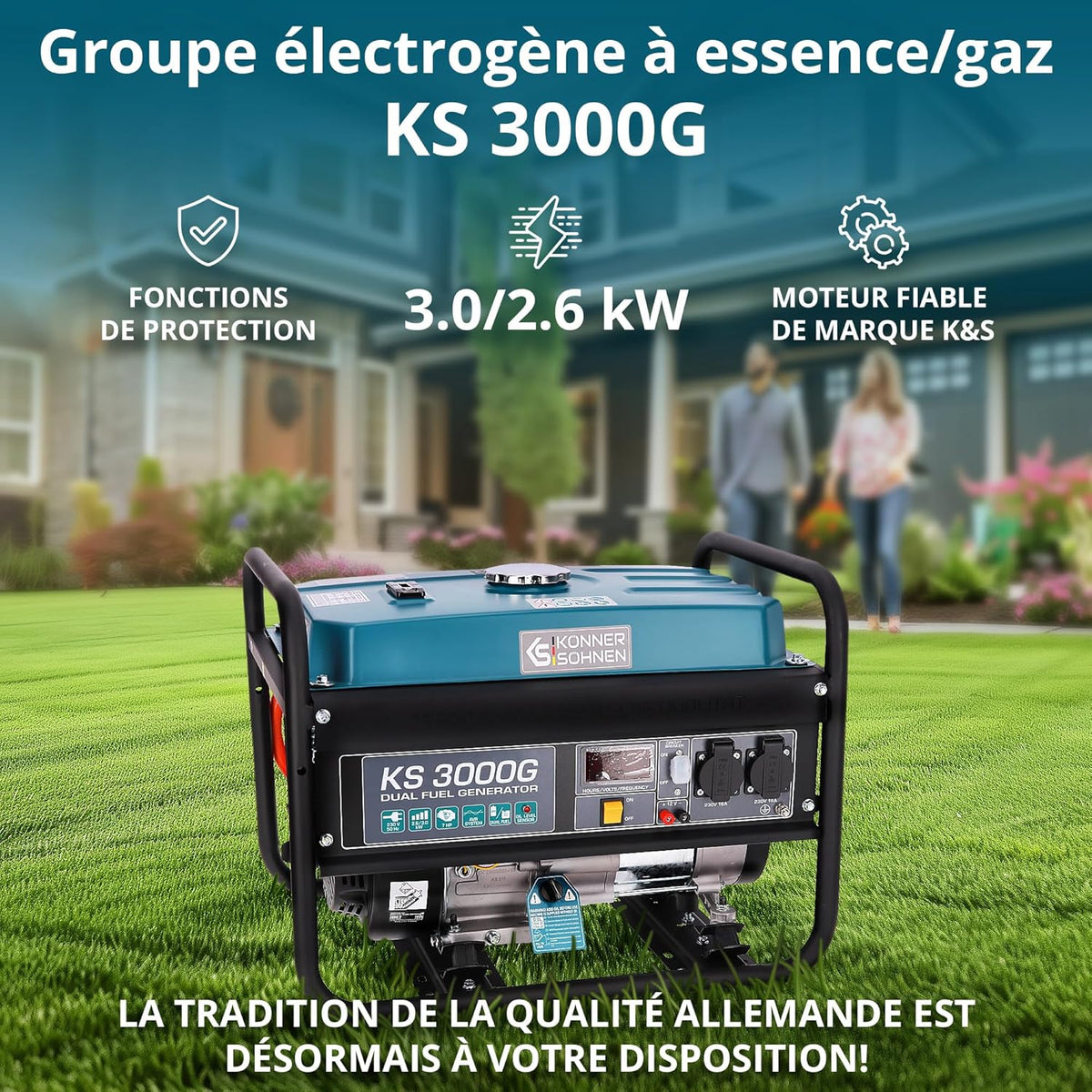 Groupe électrogène à essence KS 3000G generateur a gaz,puissance max 3000 W, 2x16A Schuko (230 V) EURO-V, régulateur de tension AVR,enroulement cuivre,generateur de courant, générateur hybride