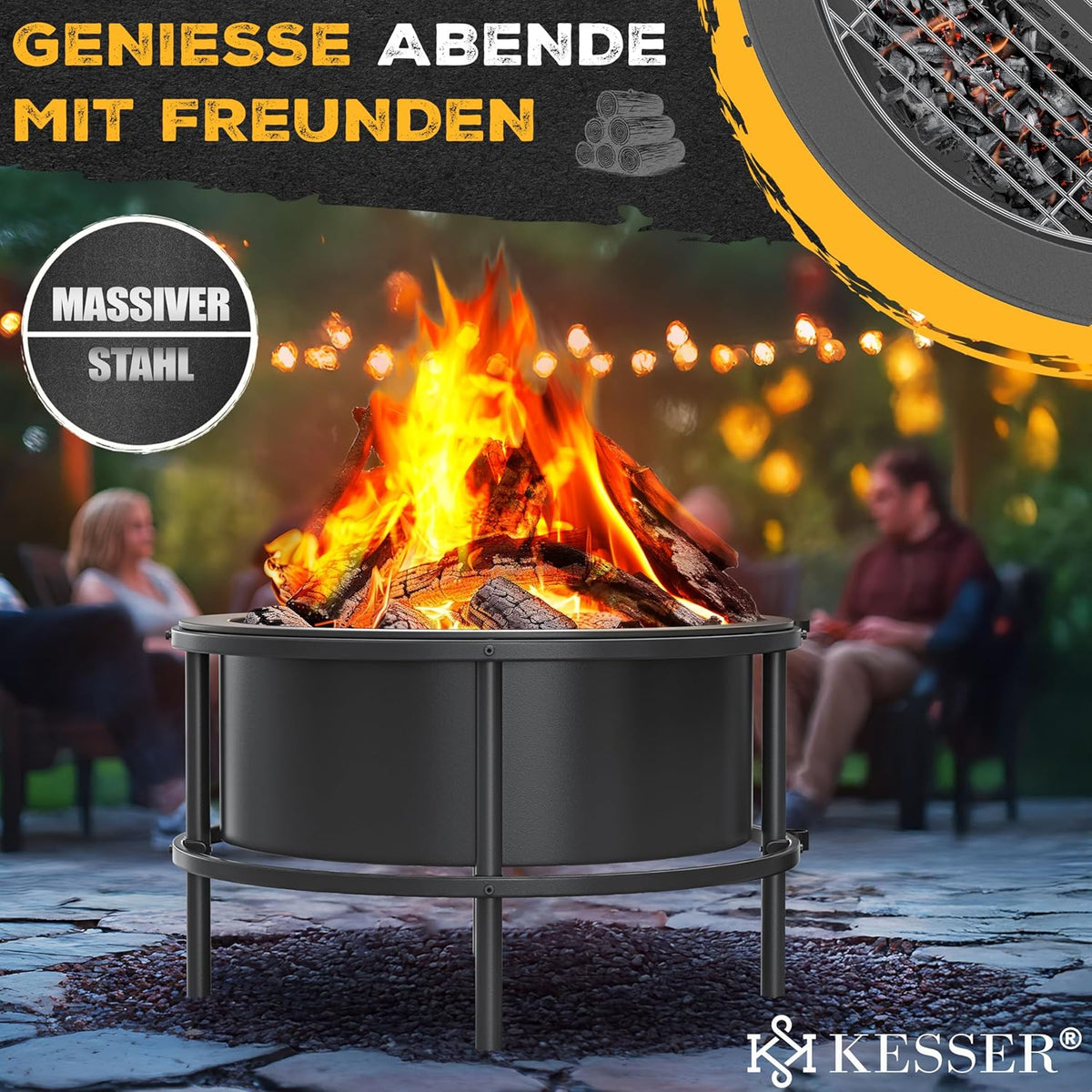 KESSER? Brasero avec grille de cuisson ? 65 cm Panier à feu 0,6 mm en acier traité à froid | Brasero mobile avec pneus | Brasero à bois et charbon avec crochet de 60 cm en fonte, ? 52 cm, brosse et