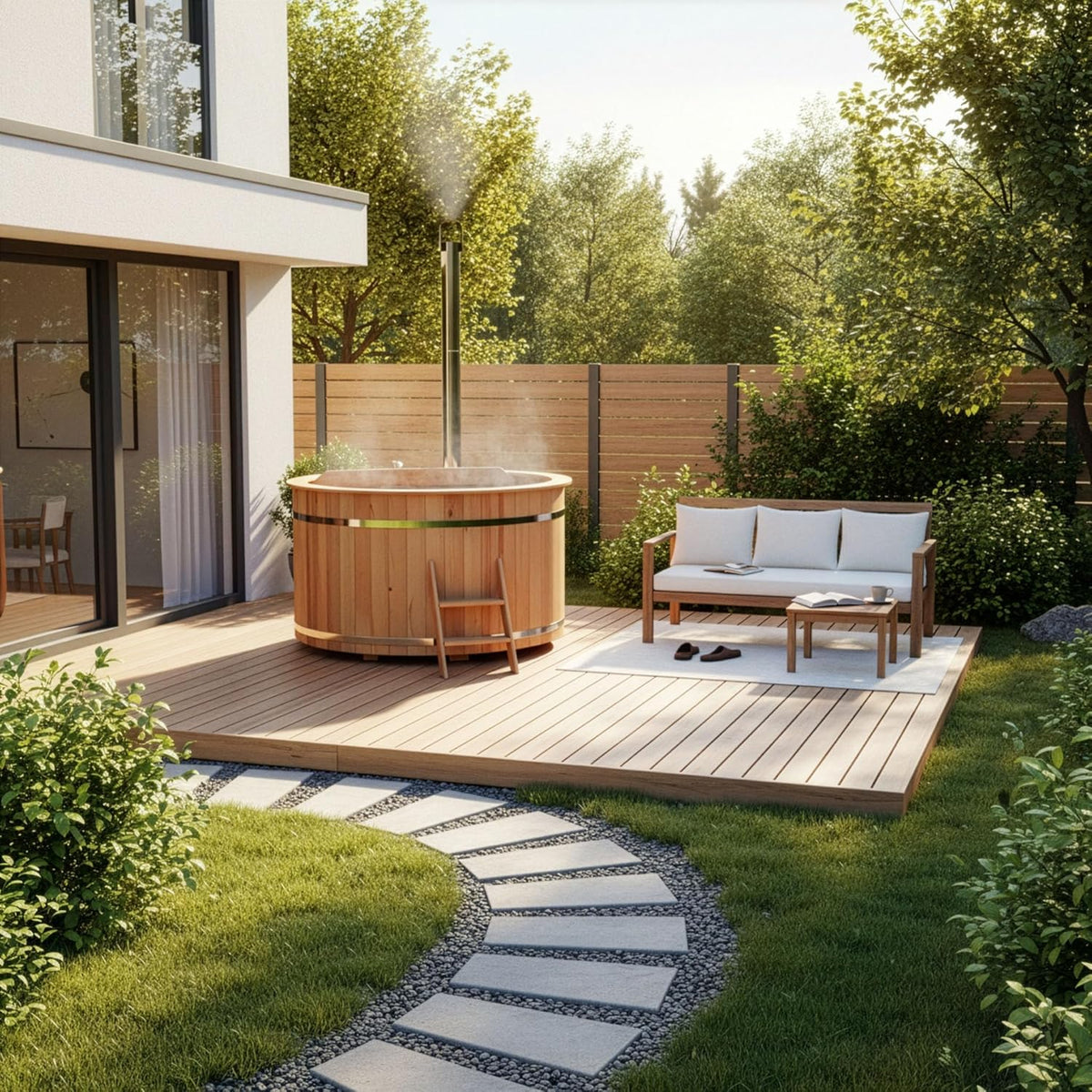 Holz-Badefass Bergen im Garten aufgestellt