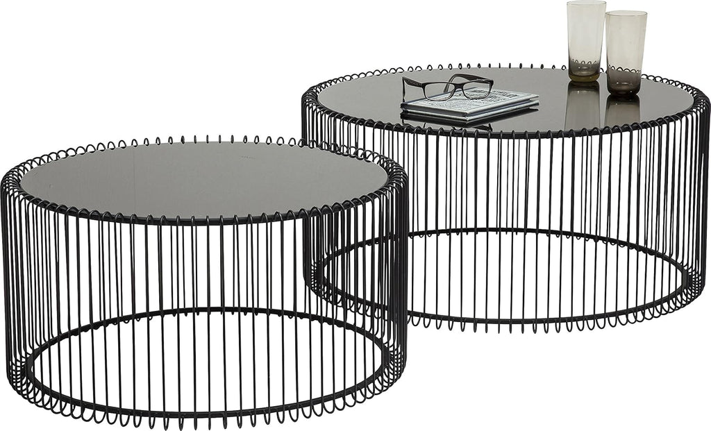 Kare Design Tables Basses Wire, Lot de 2, Noir, Rond, Acier, Plateau de Table en Verre, Diamètre 70/60cm, Style Moderne, élégante, Table Basse Salon, Deco Intérieur, Décoration Chambre