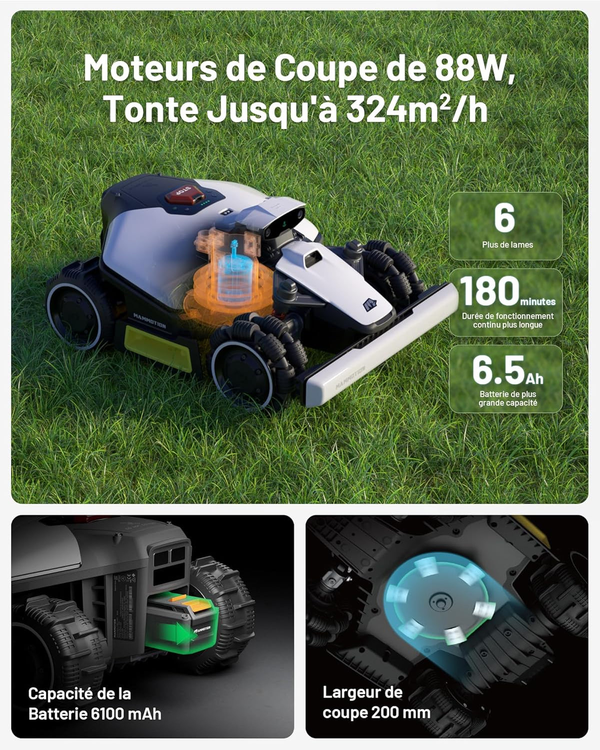 MAMMOTION LUBA Mini AWD 1500 Robot Tondeuse sans Fil Périphérique, NetRTK+Vision, Aucune Antenne RTK Requise, Recommandé 1500m2, Max. 1800m2, Pentes à 80%, avec Module 4G