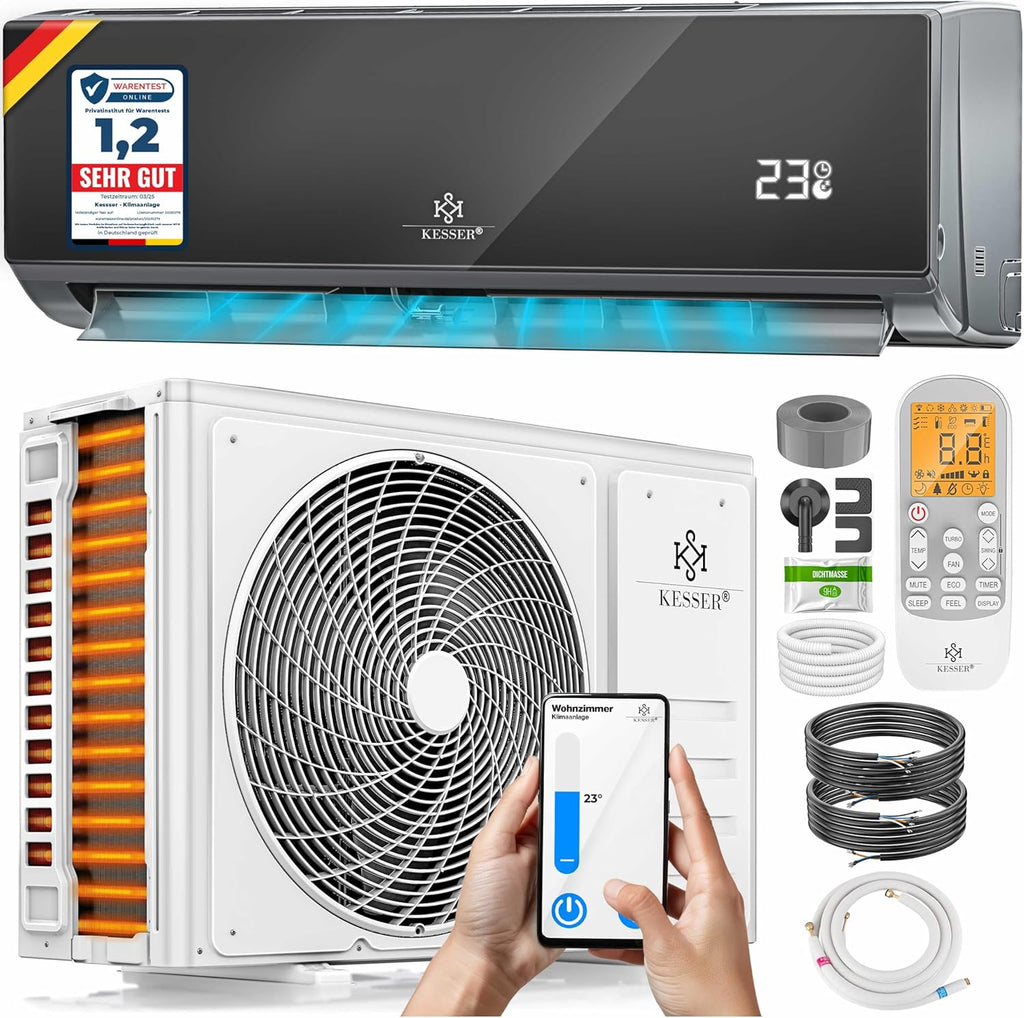 KESSER? Climatisation SET réversible - Climatiseur avec fonction WiFi/Application - Refroidissement A++/ Chauffage A+  Fluide réfrigérant R32 - écran LCD  Split 9000 BTU/h / 2600 Watt - Anthrazit