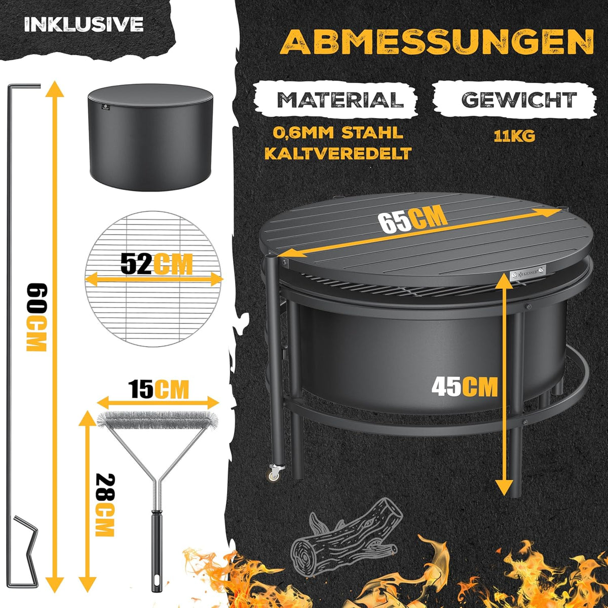 KESSER? Brasero avec grille de cuisson ? 65 cm Panier à feu 0,6 mm en acier traité à froid | Brasero mobile avec pneus | Brasero à bois et charbon avec crochet de 60 cm en fonte, ? 52 cm, brosse et