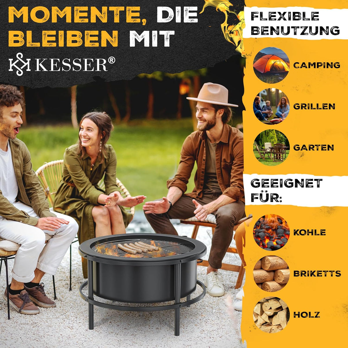 KESSER? Brasero avec grille de cuisson ? 65 cm Panier à feu 0,6 mm en acier traité à froid | Brasero mobile avec pneus | Brasero à bois et charbon avec crochet de 60 cm en fonte, ? 52 cm, brosse et