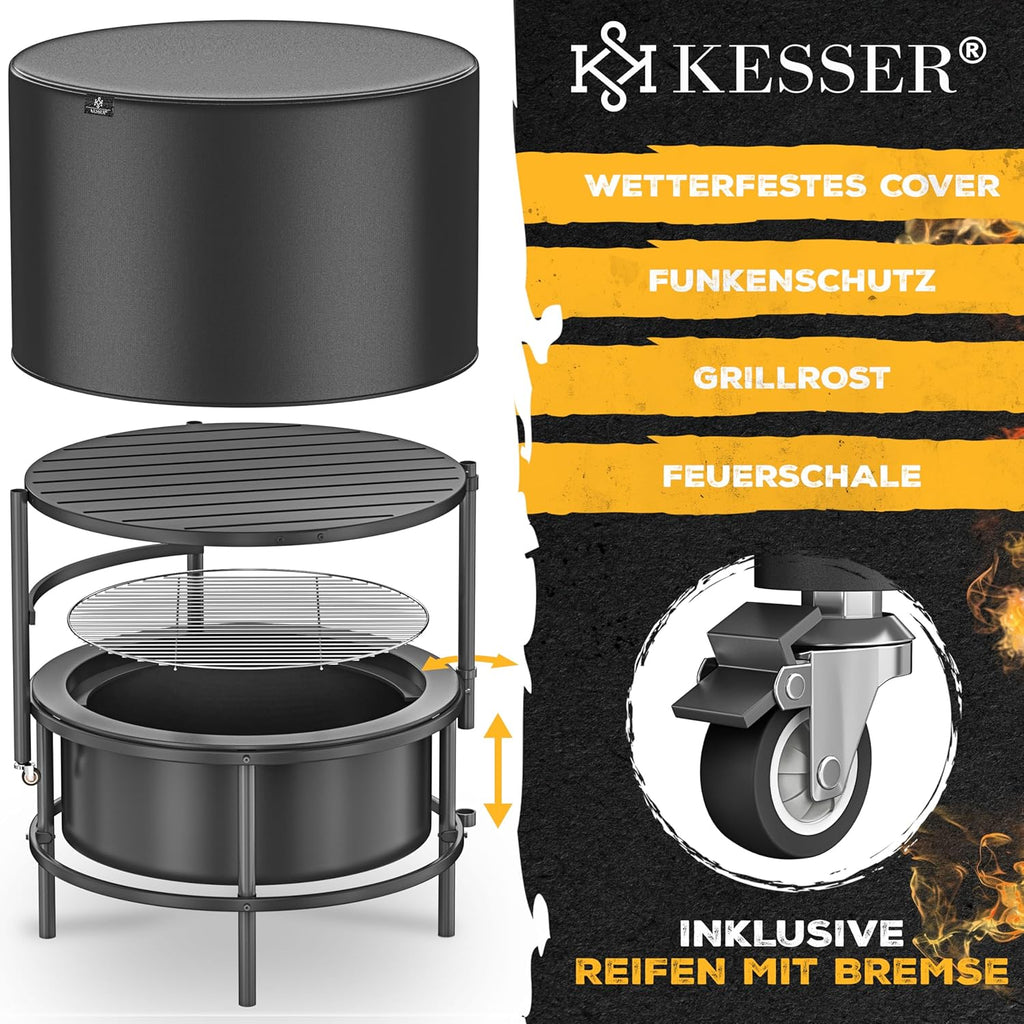 KESSER? Brasero avec grille de cuisson ? 65 cm Panier à feu 0,6 mm en acier traité à froid | Brasero mobile avec pneus | Brasero à bois et charbon avec crochet de 60 cm en fonte, ? 52 cm, brosse et