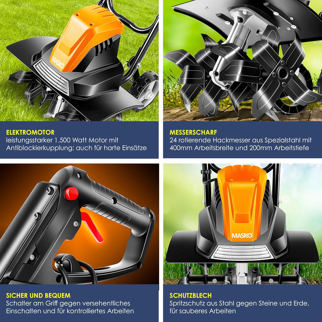 MASKO? Motobineuse électrique 1500 Watts | 40cm de Largeur de Travail, 20cm de Profondeur de Travail | Bineuse | Motoculteur à Fraise | Cultivateur | Fraiseuse de Jardin | Bineuse électrique/Orange