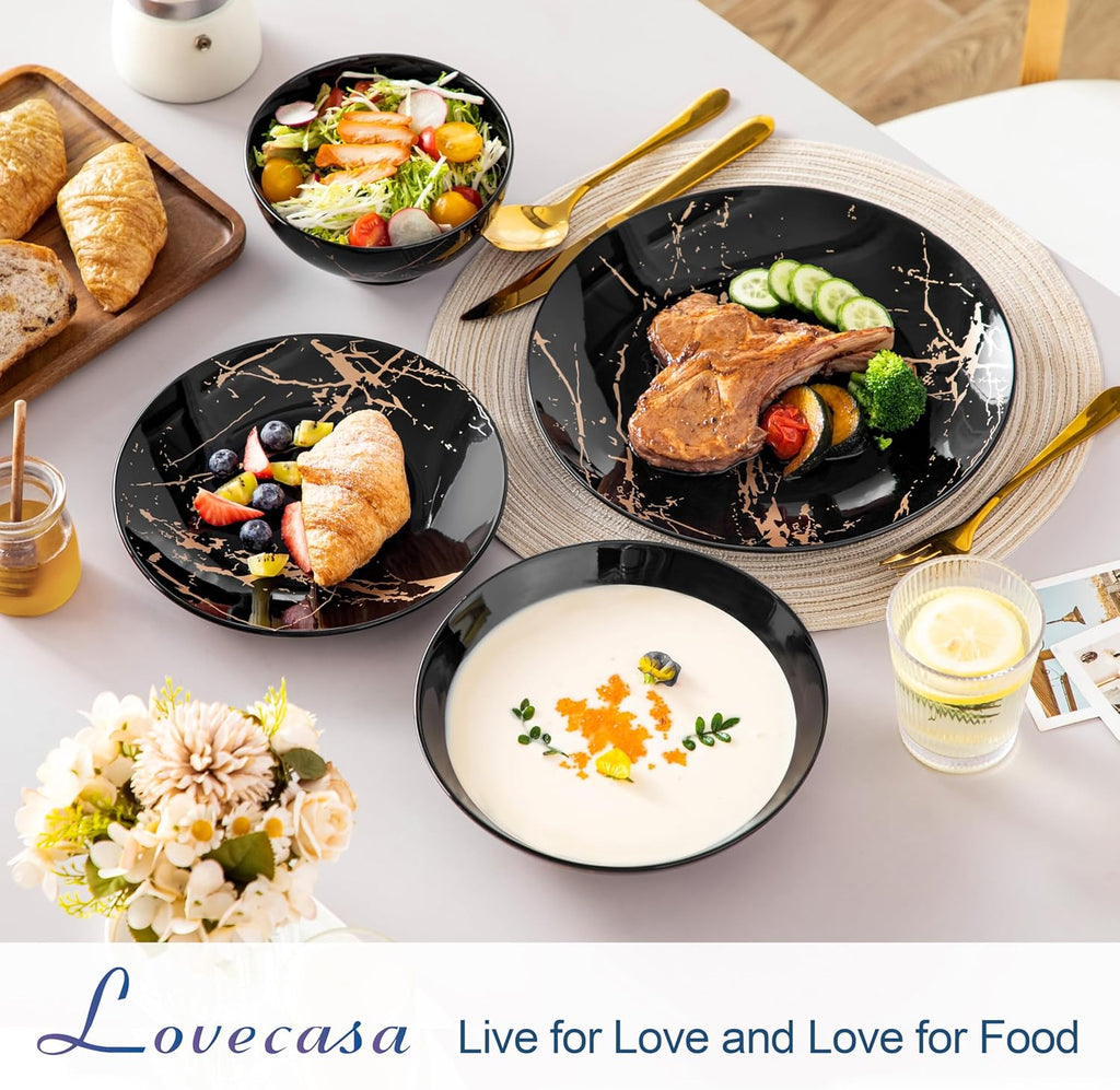 LOVECASA Service de Table 6 Personnes - Collection Daphne en Grès - 24 Pièces (Assiettes Plates, Dessert, Bols Céréales, Pates) Design Noir & Doré
