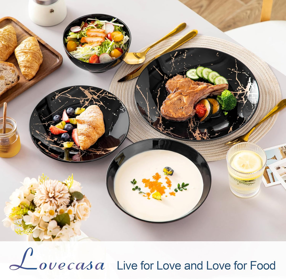 LOVECASA Service de Table 6 Personnes - Collection Daphne en Grès - 24 Pièces (Assiettes Plates, Dessert, Bols Céréales, Pates) Design Noir & Doré