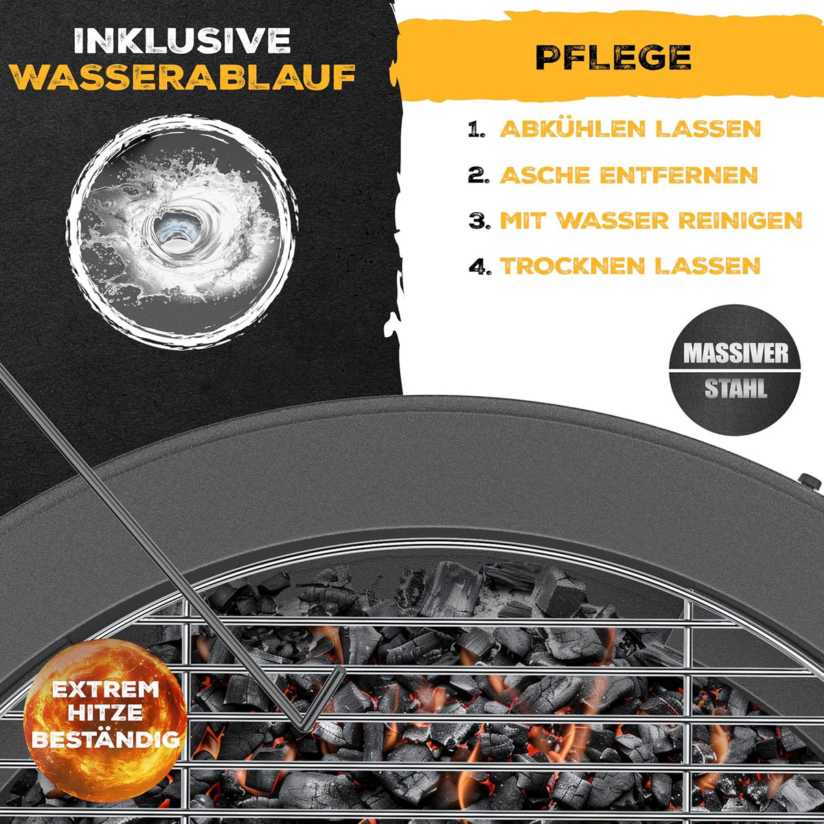 KESSER? Brasero avec grille de cuisson ? 65 cm Panier à feu 0,6 mm en acier traité à froid | Brasero mobile avec pneus | Brasero à bois et charbon avec crochet de 60 cm en fonte, ? 52 cm, brosse et
