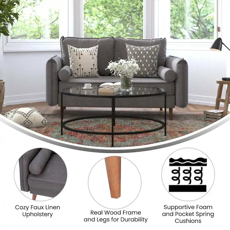 Compact Faux Linen Upholstered Loveseat with Wooden Legs