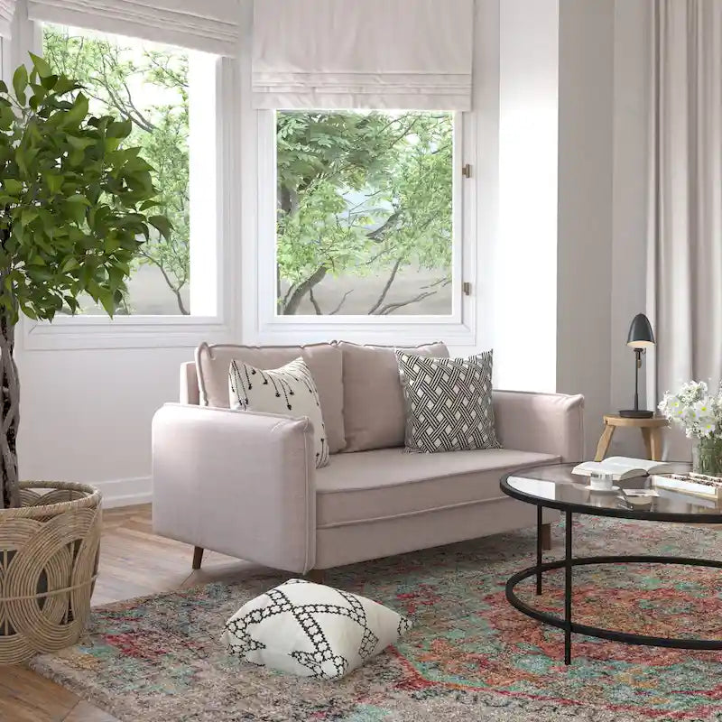 Compact Faux Linen Upholstered Loveseat with Wooden Legs
