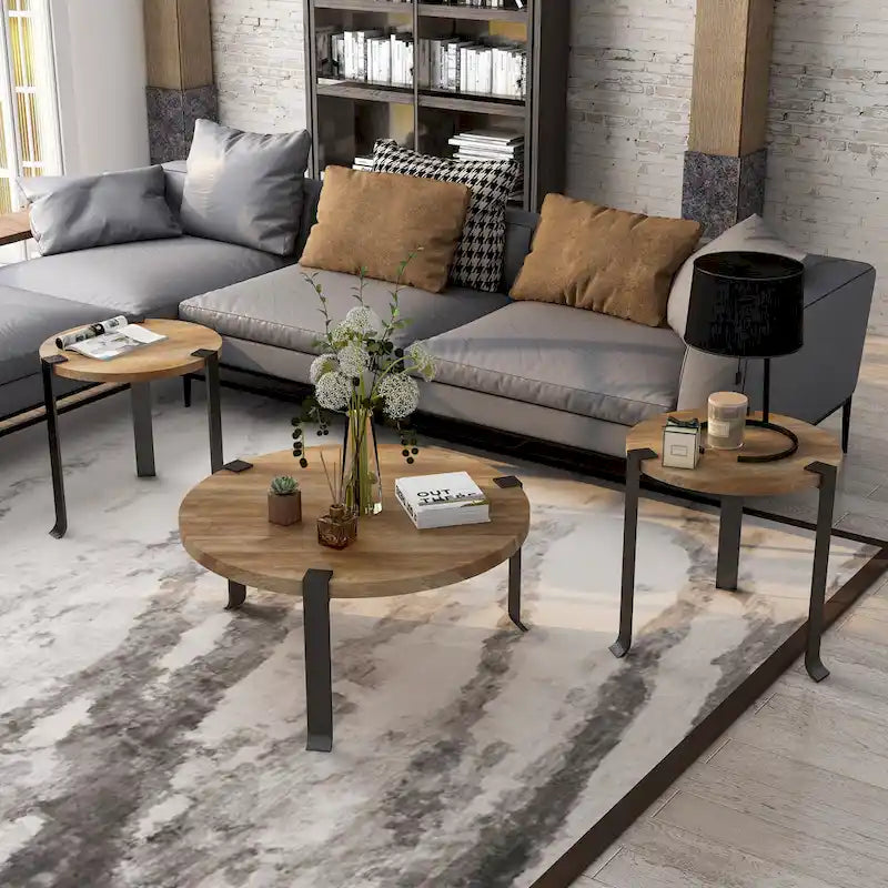 Moril Transitional 41-inch Steel Round 3-Piece Coffee Table and Side Tables Set by Furniture of America