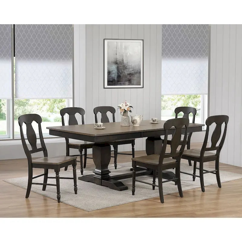 Double Transitional Pedestal Antiqued Grey Napoleon Back 7-Piece Set