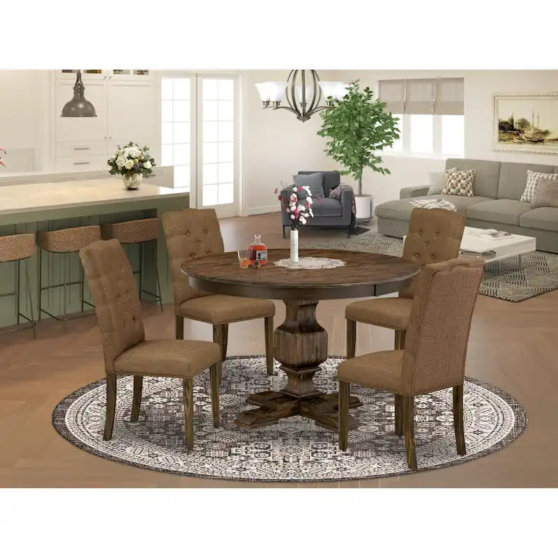 East West Furniture Kitchen Table Set- a Dining Table and Brown Linen Fabric Chairs, Distressed Jacobean(Pieces Options)