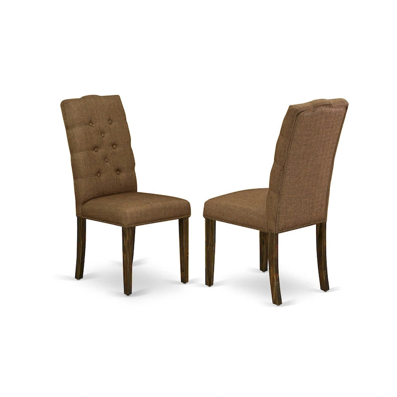 East West Furniture Kitchen Table Set- a Dining Table and Brown Linen Fabric Chairs, Distressed Jacobean(Pieces Options)