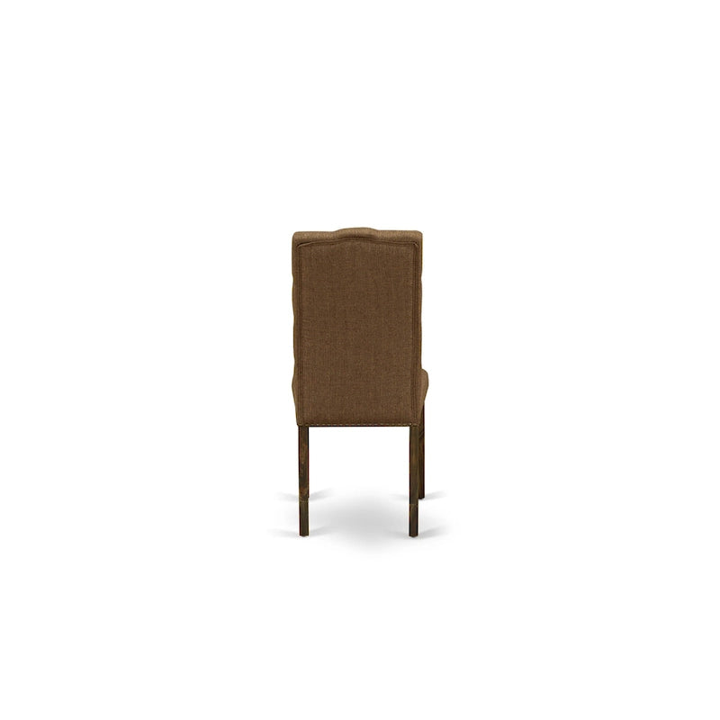 East West Furniture Kitchen Table Set- a Dining Table and Brown Linen Fabric Chairs, Distressed Jacobean(Pieces Options)