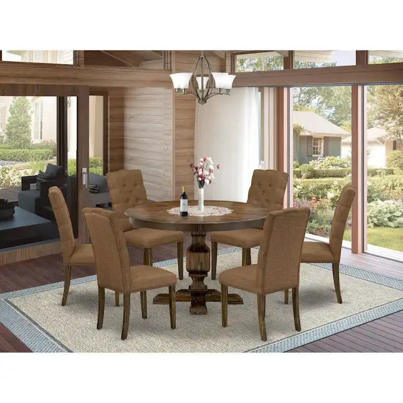 East West Furniture Kitchen Table Set- a Dining Table and Brown Linen Fabric Chairs, Distressed Jacobean(Pieces Options)