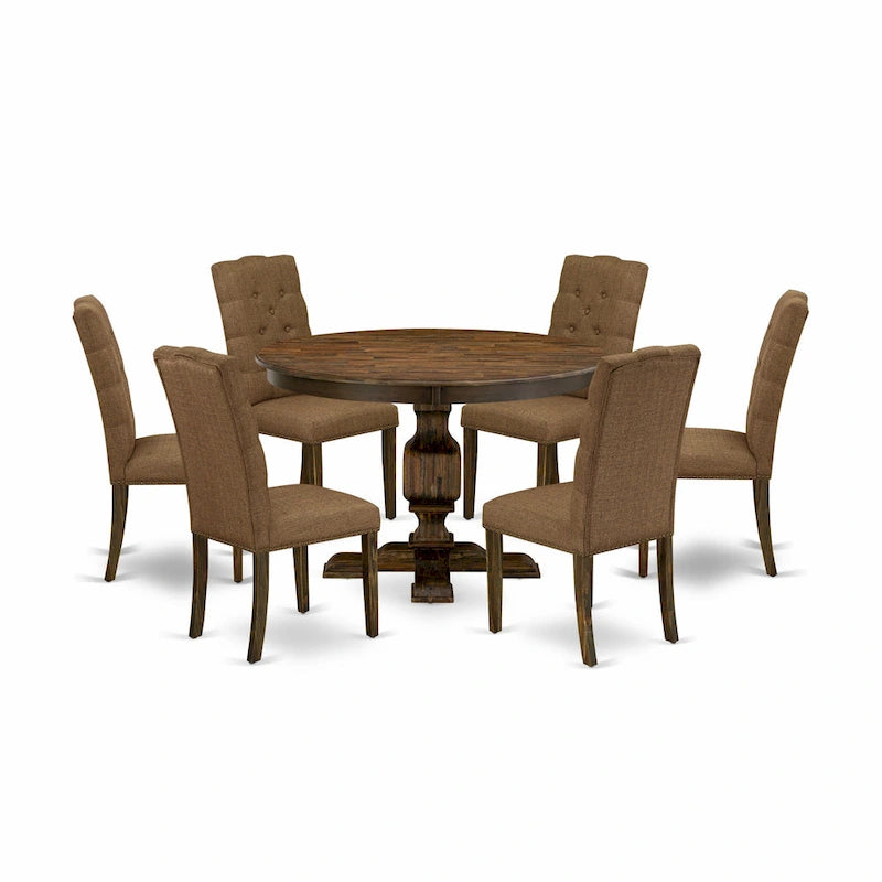 East West Furniture Kitchen Table Set- a Dining Table and Brown Linen Fabric Chairs, Distressed Jacobean(Pieces Options)