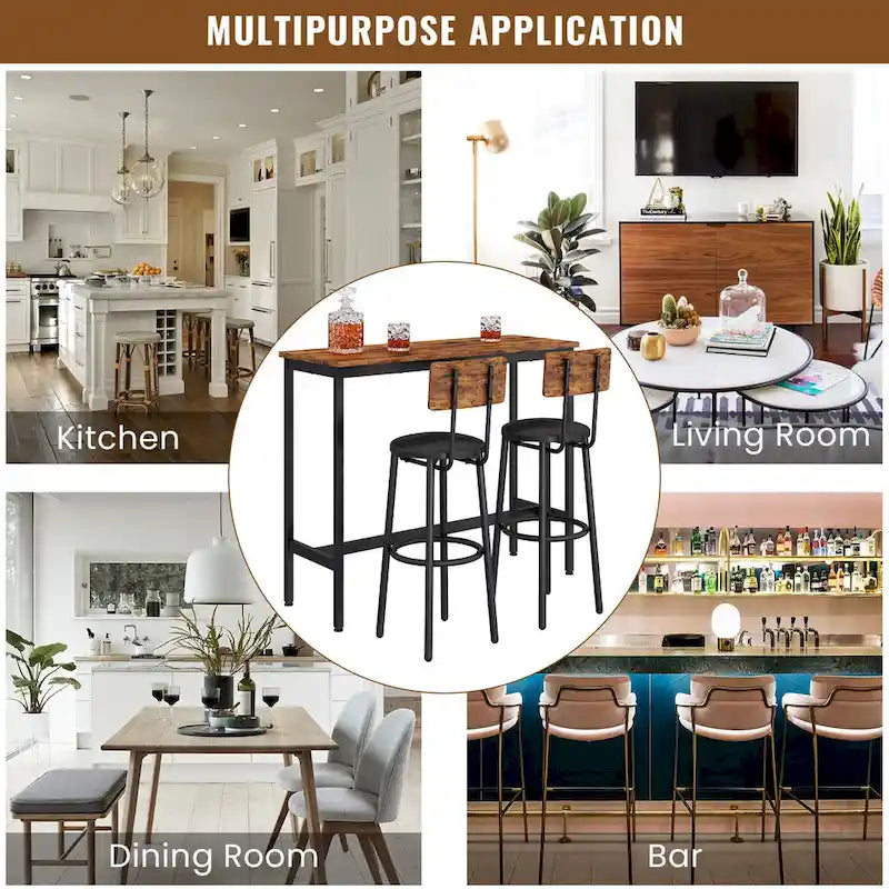 3-Piece Bistro Set, Dining Table and Upholstered Stools w/ Backrest