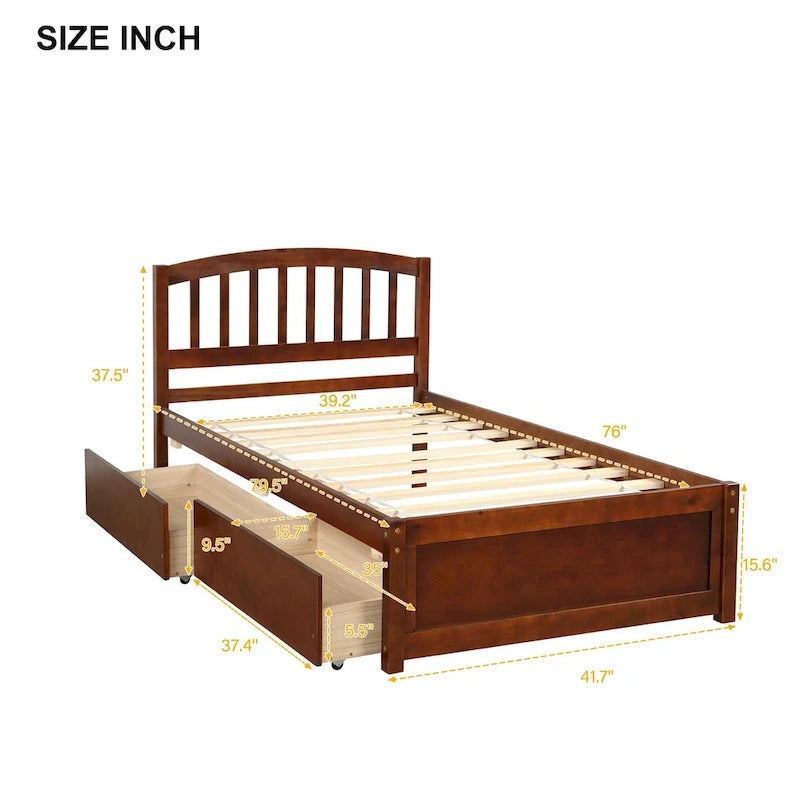 Nestfair Twin Size Wood Platform Bed with Two Drawers and Headboard