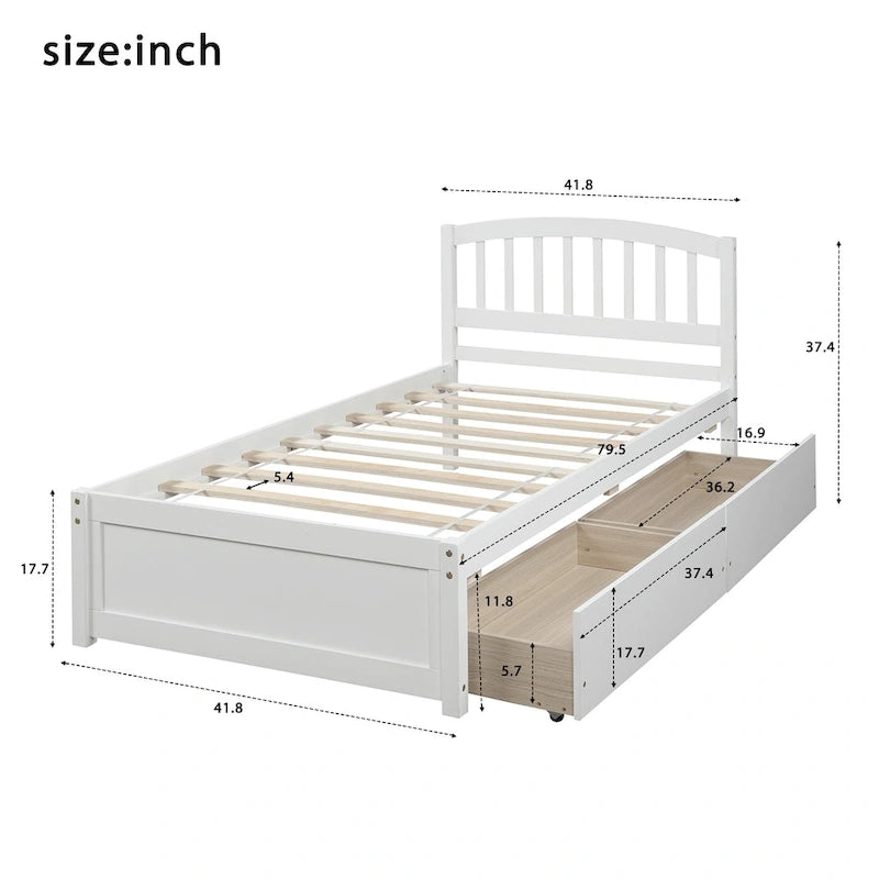 Nestfair Twin Size Wood Platform Bed with Two Drawers and Headboard