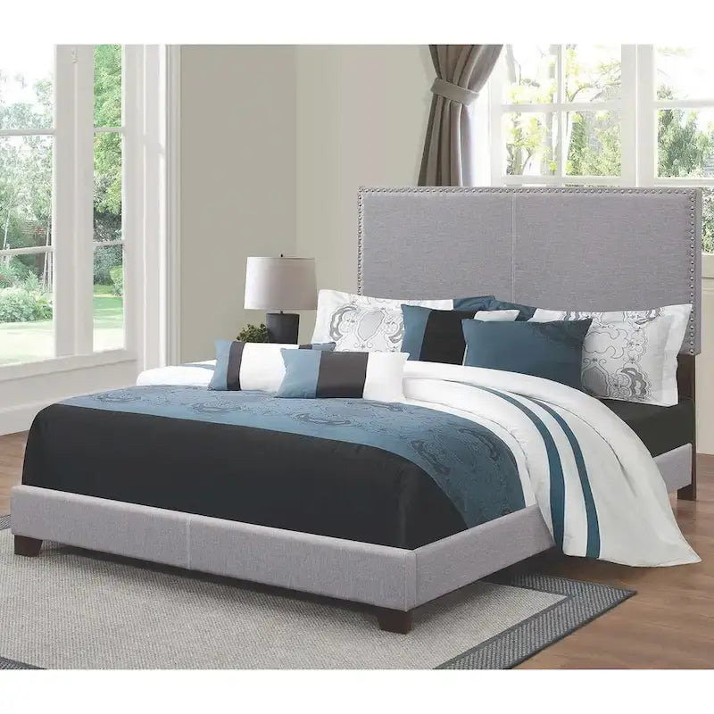 Modern Design Grey Upholstered Bed with Nailhead Trim