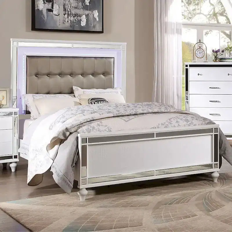 Derc Modern Solid Wood Upholstered Tufted Panel Bed with LED by Furniture of America