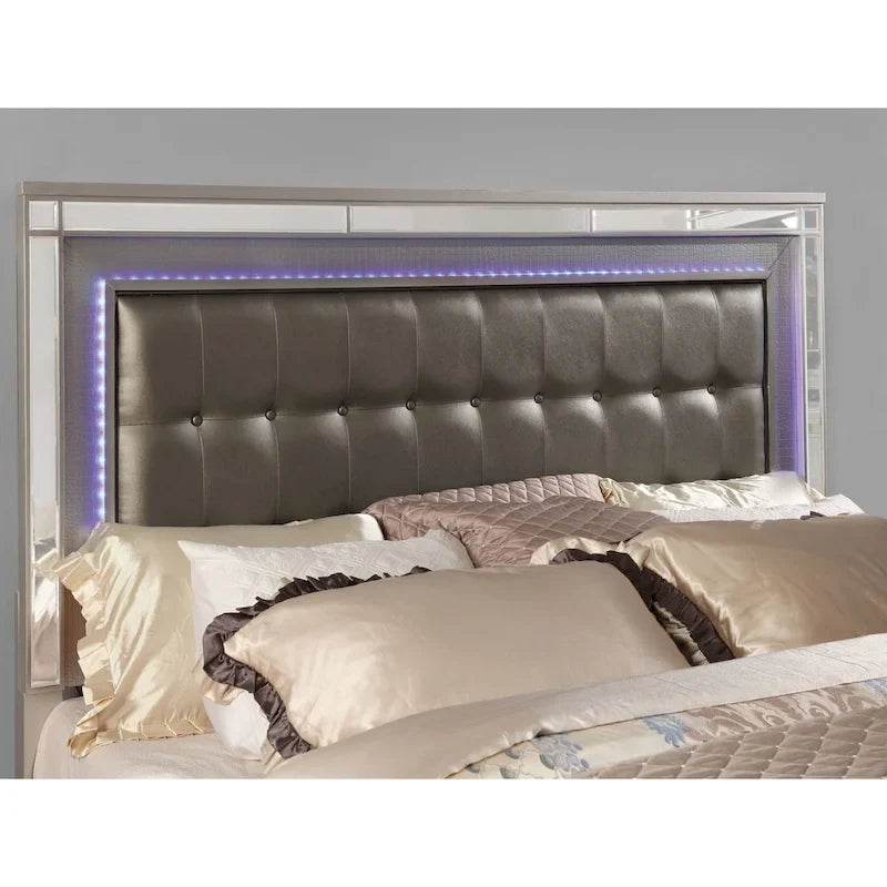 Derc Modern Solid Wood Upholstered Tufted Panel Bed with LED by Furniture of America