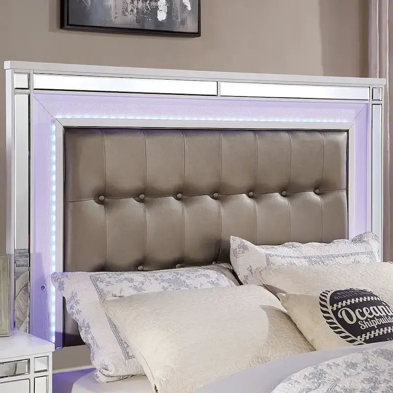 Derc Modern Solid Wood Upholstered Tufted Panel Bed with LED by Furniture of America