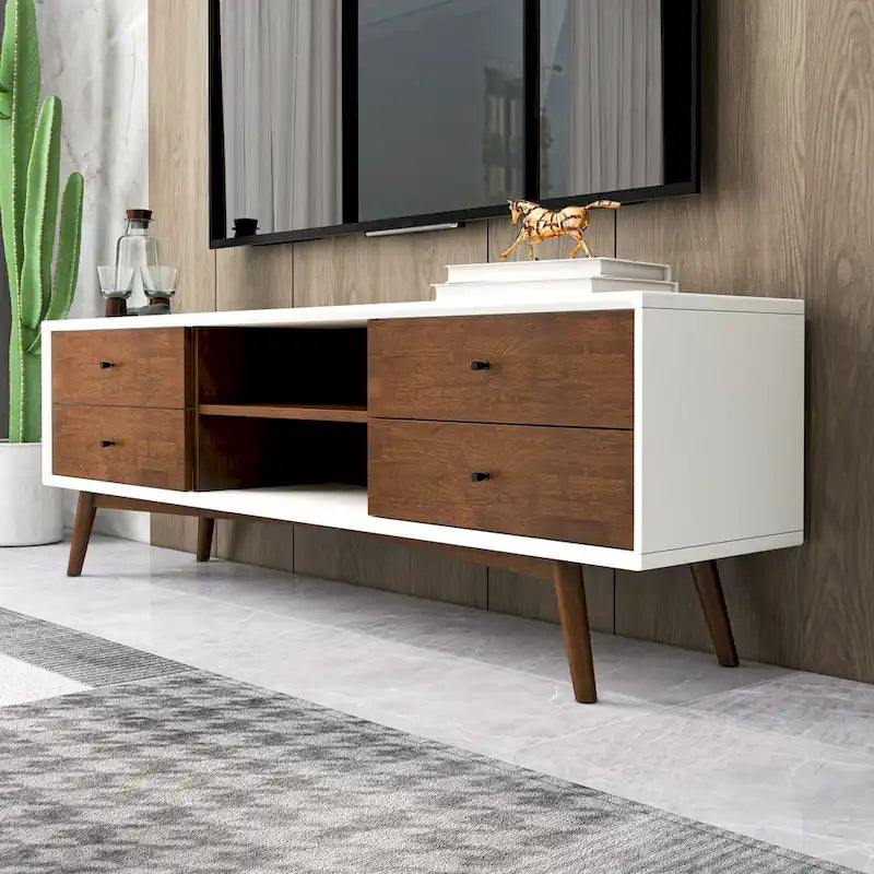 Novel Mid Century White Tv Stand With Solid Wood Frame TV Stand with 6 Storage Cabinet , Modern Walnut TV Console