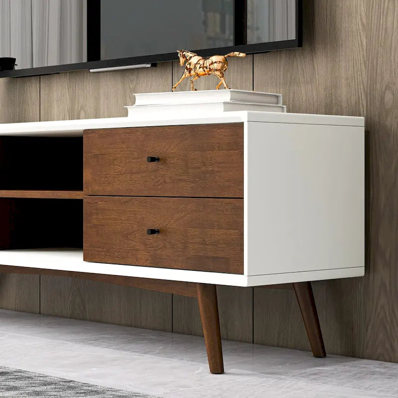 Novel Mid Century White Tv Stand With Solid Wood Frame TV Stand with 6 Storage Cabinet , Modern Walnut TV Console