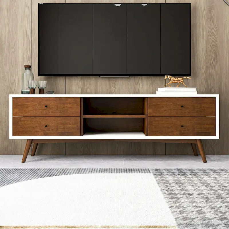 Novel Mid Century White Tv Stand With Solid Wood Frame TV Stand with 6 Storage Cabinet , Modern Walnut TV Console