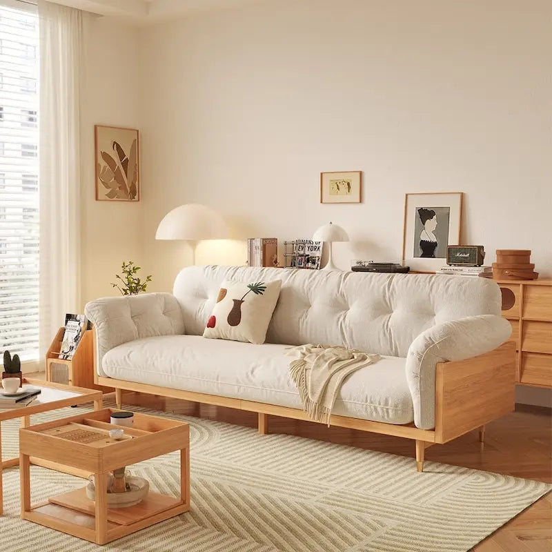 JASIWAY Modern 3-Seat Upholstered Cotton Linen Sofa,Beige