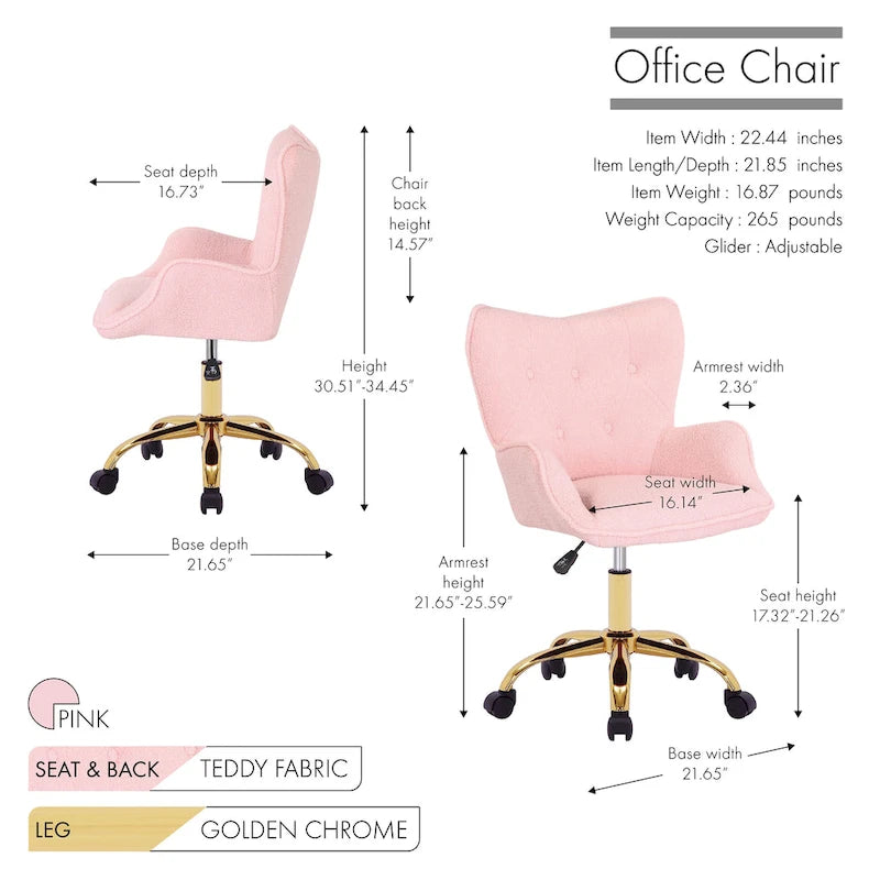 Porthos Home Tyra Swivel Office Chair, Teddy Fabric, Gold Chrome Legs