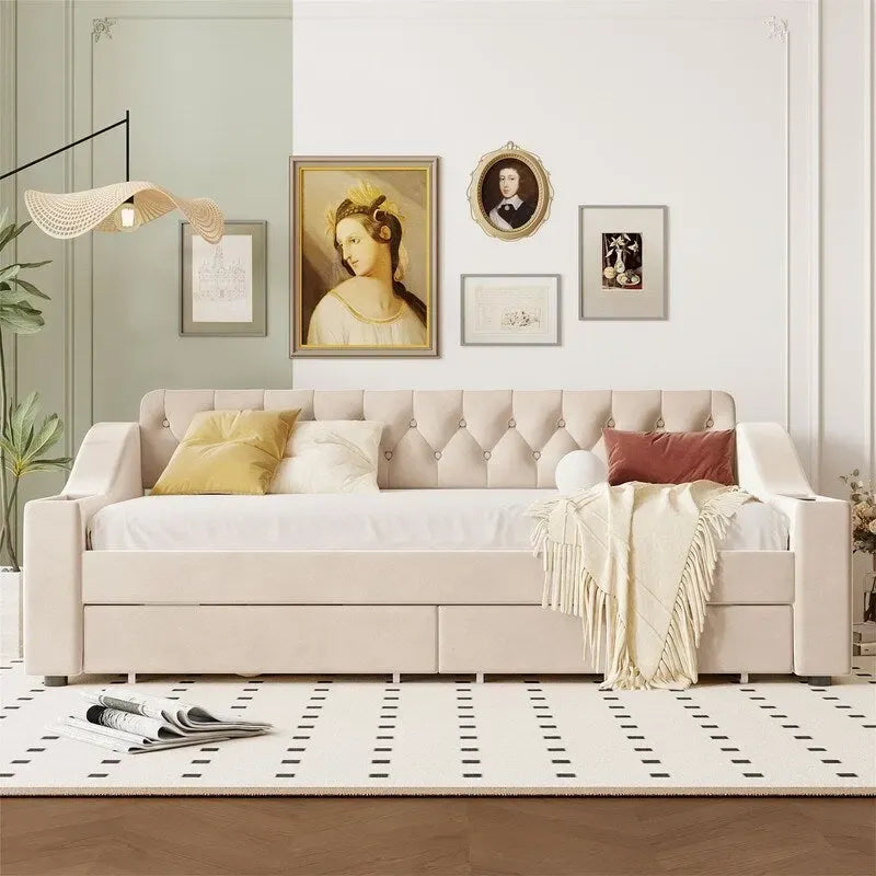 Upholstered Daybed with 2 Storage Drawers, Twin Size Daybed Frame with Storage Armrests and USB Port, Sofa Bed Frame for Bedroom