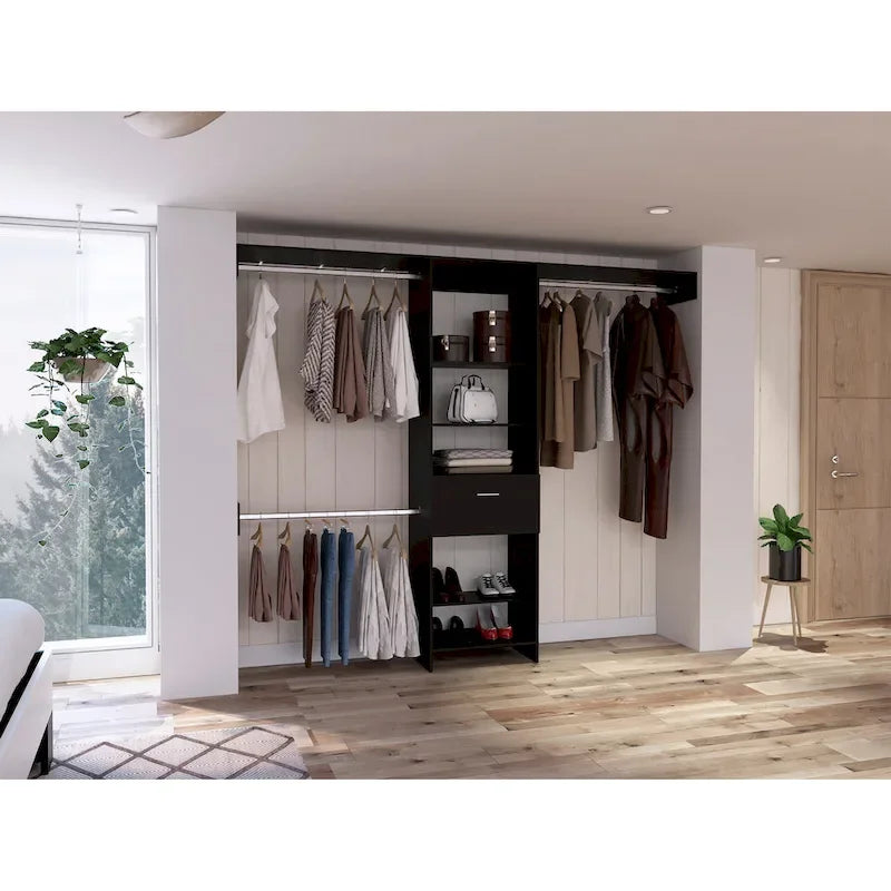 FM Furniture Cross Closet System with Drawer, 3 Metal Rods, and 5 Open Shelves