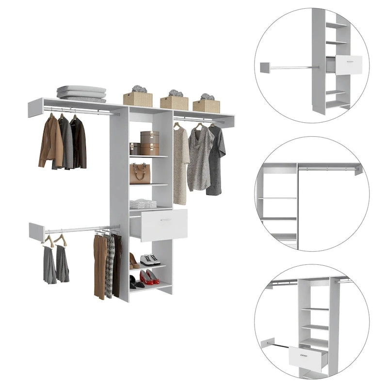FM Furniture Cross Closet System with Drawer, 3 Metal Rods, and 5 Open Shelves