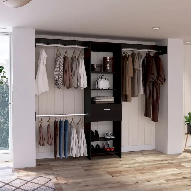 FM Furniture Cross Closet System with Drawer, 3 Metal Rods, and 5 Open Shelves