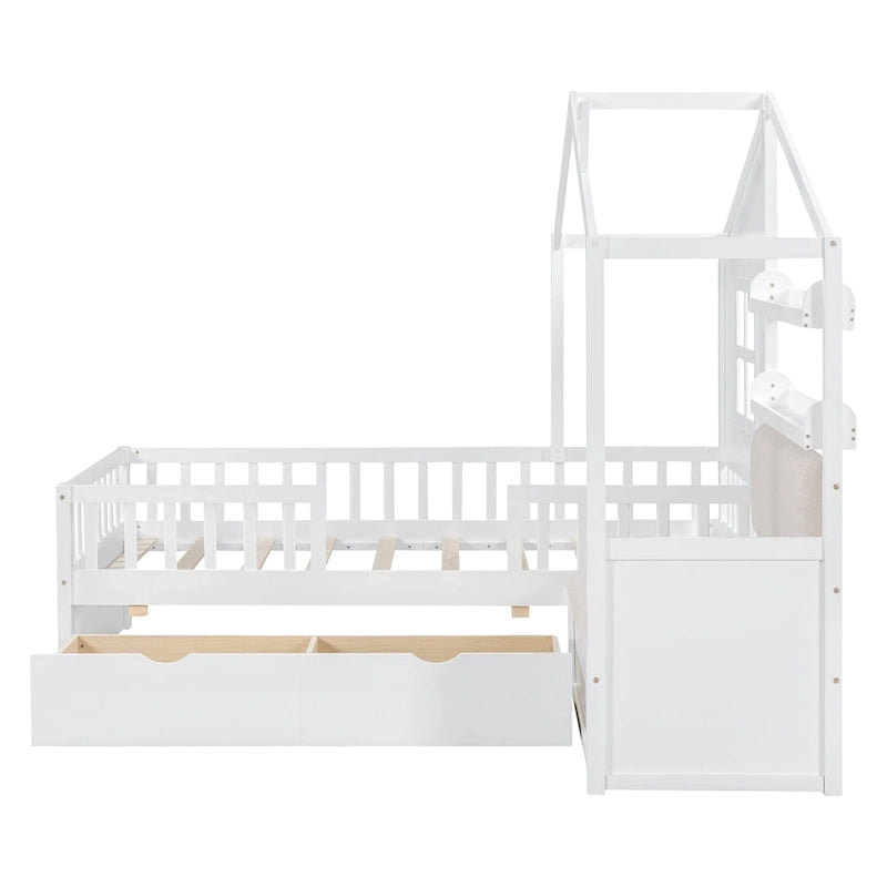 Twin Size House Bed with Sofa, Kids Platform Bed with Two Drawers and Storage Shelf, Gray
