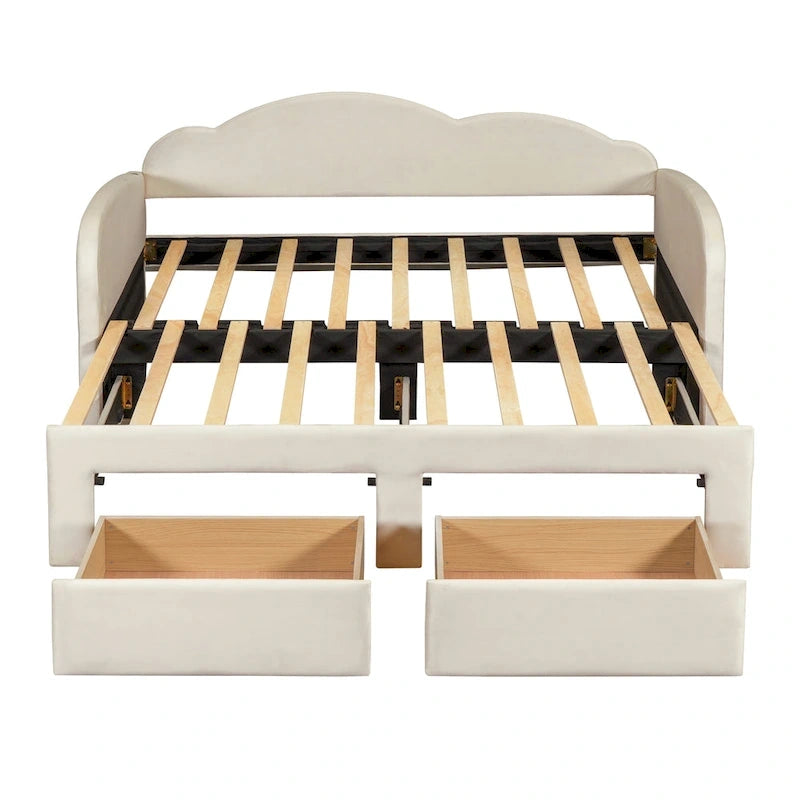 Twin Size Upholstered daybed with Cloud-Shaped Backrest, Trundle & 2 Drawers and USB Ports, Beige