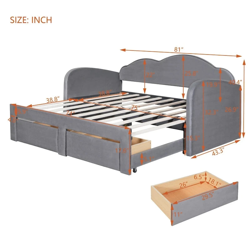 Twin Size Upholstered daybed with Cloud-Shaped Backrest, Trundle & 2 Drawers and USB Ports, Beige