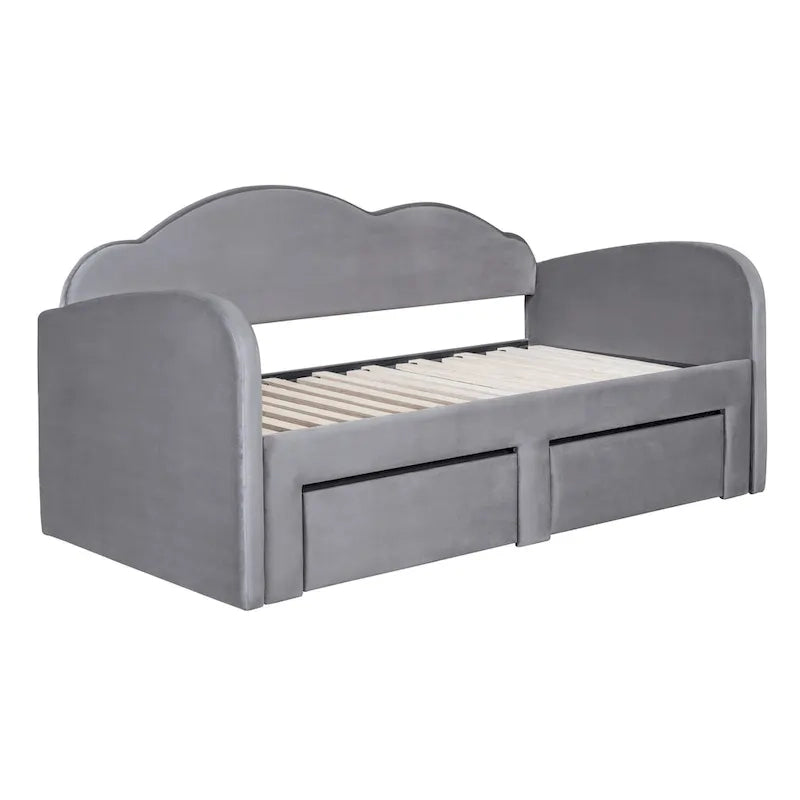 Twin Size Upholstered daybed with Cloud-Shaped Backrest, Trundle & 2 Drawers and USB Ports, Beige