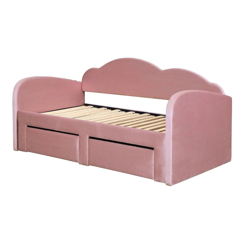 Twin Size Upholstered daybed with Cloud-Shaped Backrest, Trundle & 2 Drawers and USB Ports, Beige