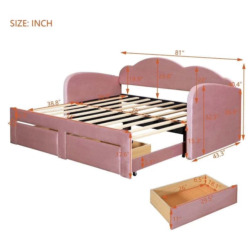 Twin Size Upholstered daybed with Cloud-Shaped Backrest, Trundle & 2 Drawers and USB Ports, Beige