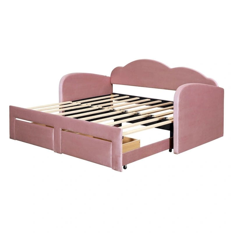 Twin Size Upholstered daybed with Cloud-Shaped Backrest, Trundle & 2 Drawers and USB Ports, Beige
