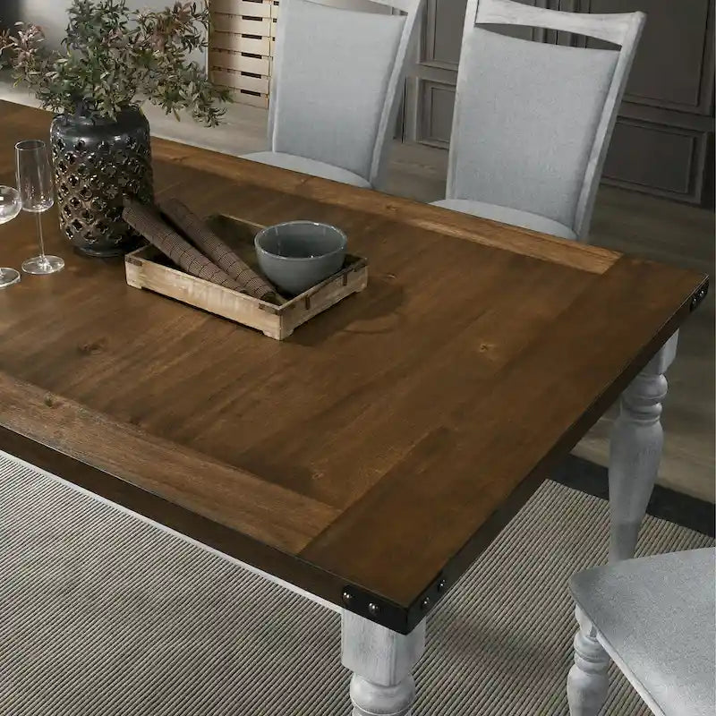 Roundhill Furniture Salines Two-tone Wood Turned Leg Dining Table, Rustic White and Oak
