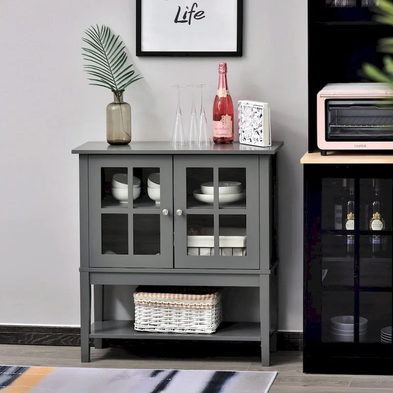 HOMCOM Modern Kitchen Credenza & Sideboard Buffet Cabinet with 2 Swinging Glass Doors & Ample Storage Space
