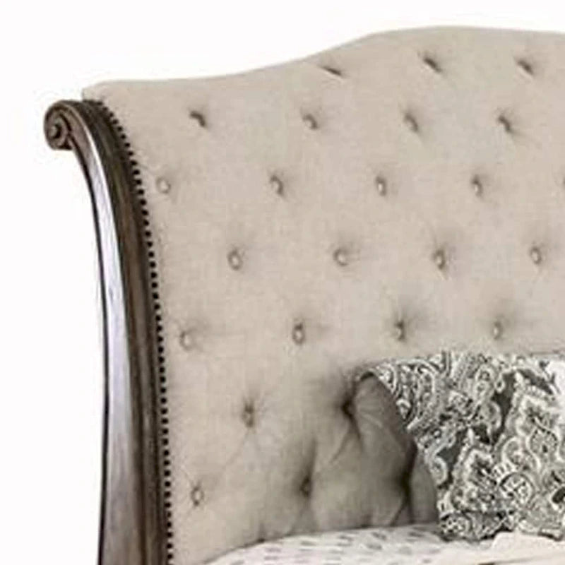 California King Bed with Sleigh Headboard and Footboard, Brown and Beige