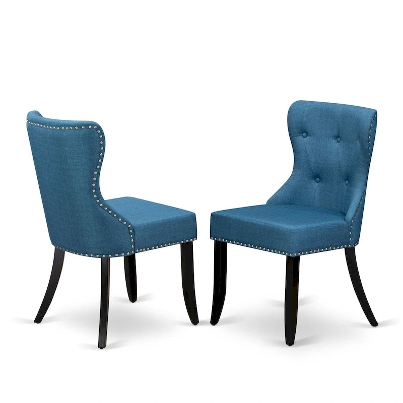 East West Furniture Kitchen Table Set- a Round Dining Table and Blue Linen Fabric Parson Chairs, Black(Pieces Options)